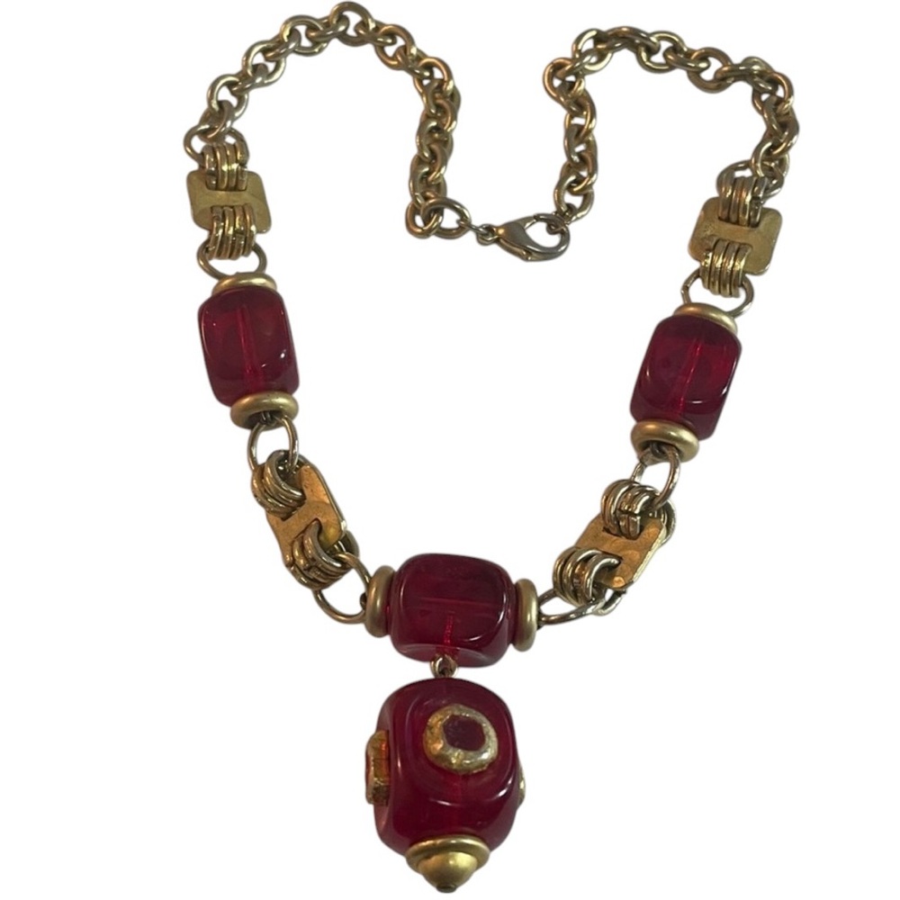 Vintage Red Lucite Statement Necklace Gold Tone Murano Style Chunky Retro